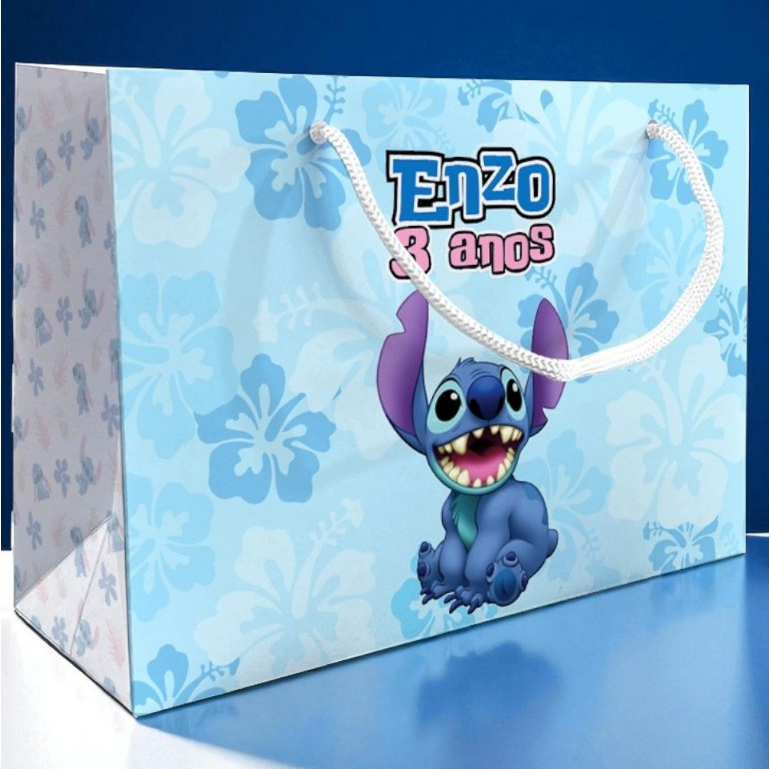 Sacolinha Stitch Personalizada Festa Azul Lembrancinha Kit Festa Sacola Deitada Reta Lilo & Stitch