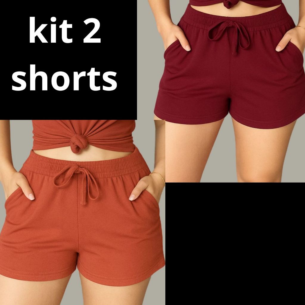 KIT 2 Short Feminino na Malha ] Confortavel Casual Verao Dia Dia Liso Luxo Dormi Outono Bolsinho Elastico Coz Alto em Oferta na Shopee