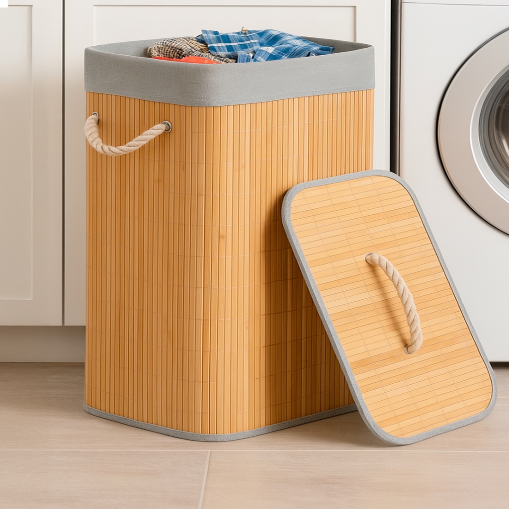Cesto De Roupa de Bambu 60 Litros Dobravel Organizador Forrado Banheiro Cesto Retangular