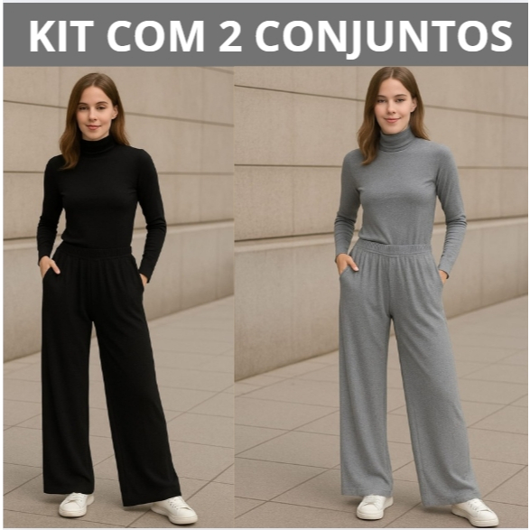 Kit com 2 Conjunto Blusa Feminina Estilosa Manga Longa Gola Alta e Calça Pantalona Com Bolso nas Laterais  Viscolycra