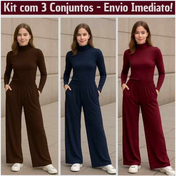 Kit com 3 Conjunto Calça Pantalona Com Bolso nas Laterais e Blusa Feminina Estilosa Manga Longa Gola Alta Viscolycra