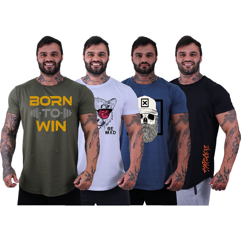 Kit 4 Camisetas Longline Masculina MXD Conceito Malha 30.1 Penteada Manga Curta Conjunto Diversas estampas caveira frase