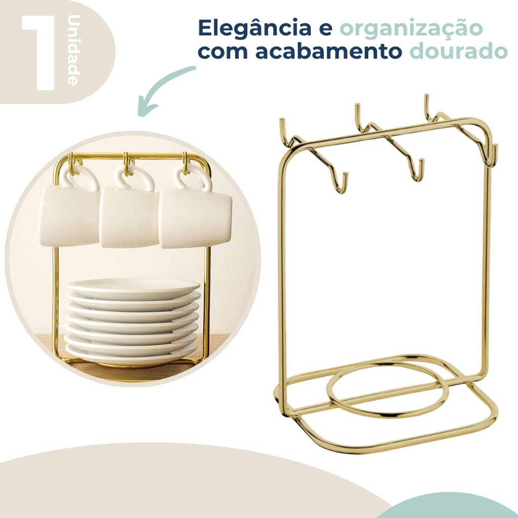 Suporte Organizador Porta Xícaras De Café e Pires Com 6 Ganchos Dourado Future