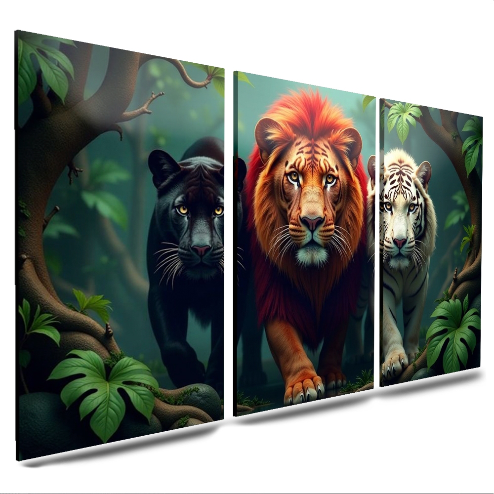 Kit Quadro Três Reis Leão Trigre Pantera Lindo Sala Quarto Hd