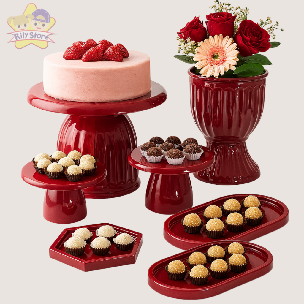 Kit Mesa Festa Boleira Romana Slim 17cm, 1 Vaso Romano, 2 Mini Slim + 2 Bandeja Oval, 1 Se...