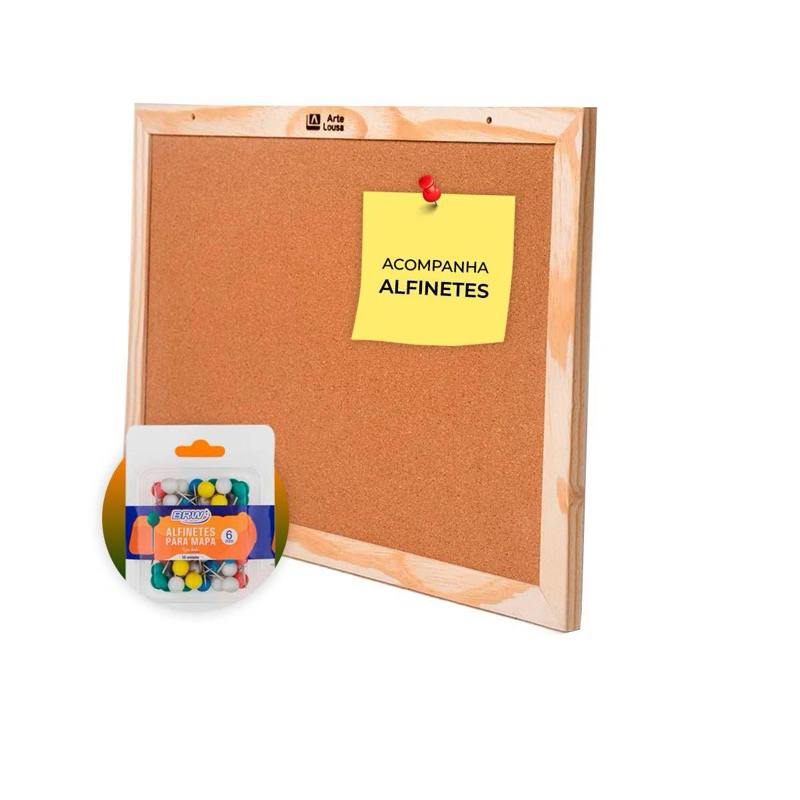 Quadro de Aviso Cortiça 40x30 Moldura Madeira Lembrete Recados + 50 Alfinetes