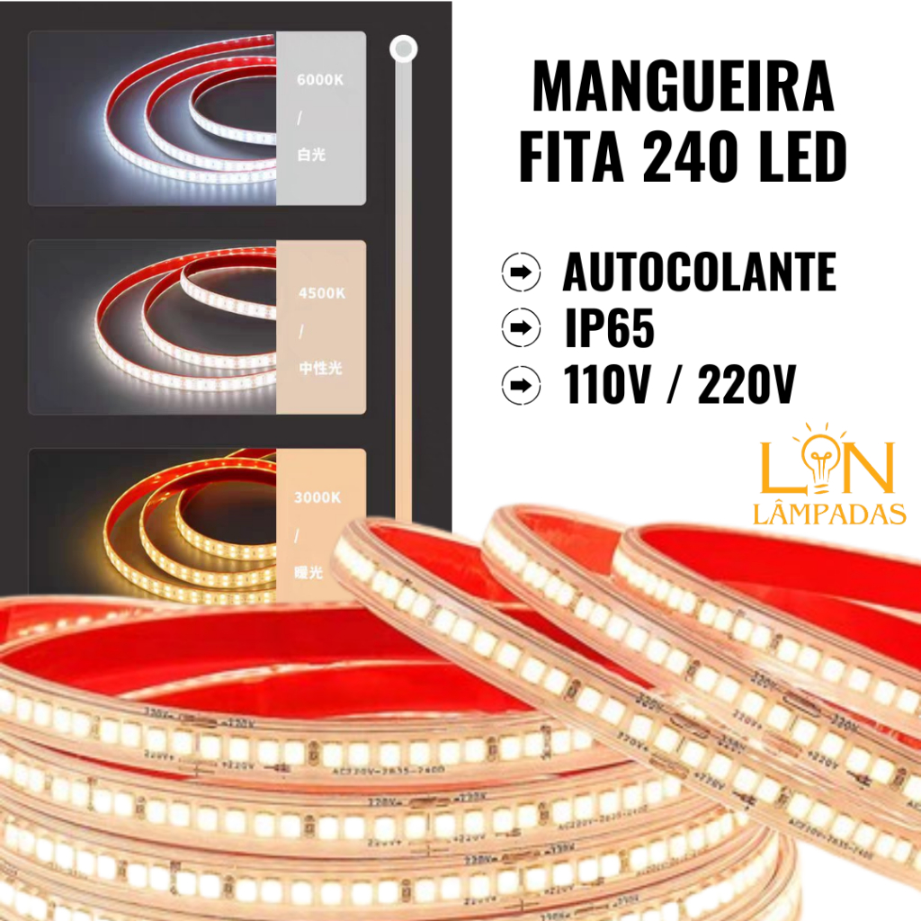 Mangueira Fita 240 Led/m Autocolante com Fita Adesiva 5 a 30 Metros 110V/220V Branco Quente, Neutro, Frio em Oferta na Shopee