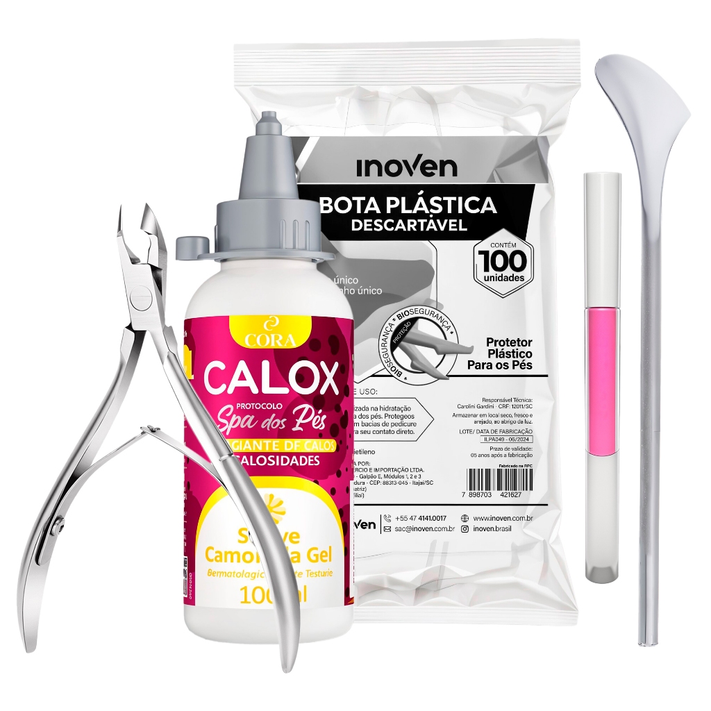 Kit Remoção de Calos Calox Cora Alicate Bota Plástica 100un Mola Podológica Espátula Raspador 222