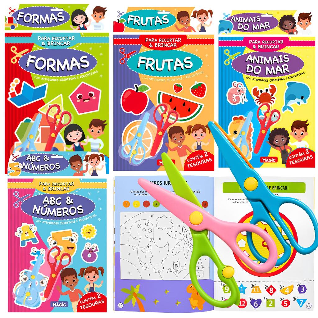 Kit 4 Livros De Atividades Para Pintar Colorir Recortar+Tesoura Que Não Corta Cabelo
