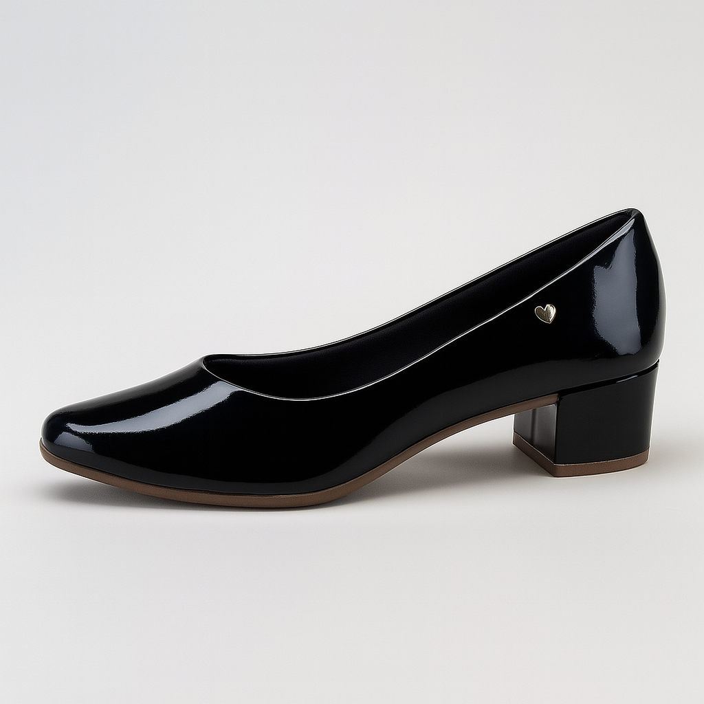 Sapato Scarpin Feminino Salto Bloco Baixo Verniz Brilhante Confortável Bico Fino Lançamento