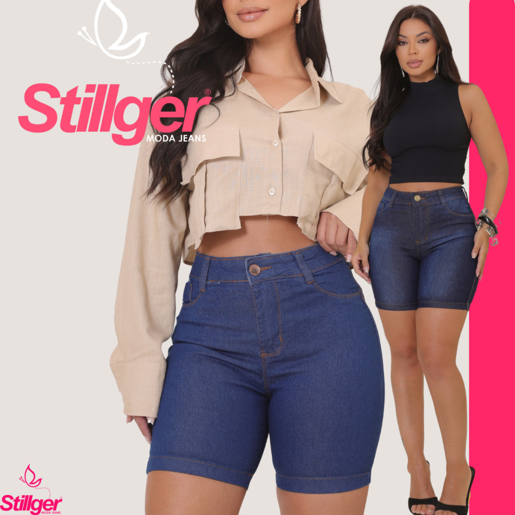 Short Jeans Meia Coxa Feminino Cintura Alta Com Elastano Levanta Bumbum - Women Clothes