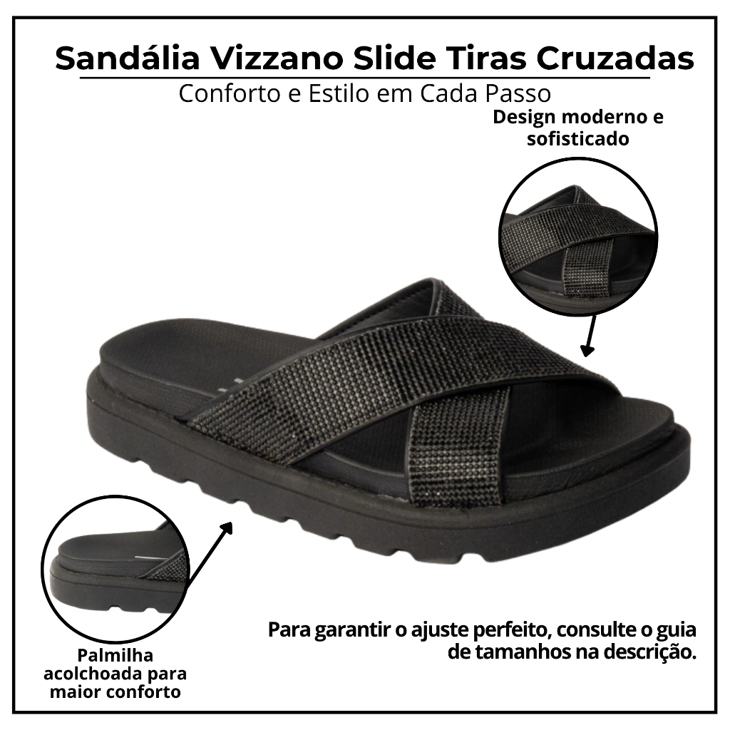 Detalhes do Sandália Vizzano Papete Rasteira Strass Tira Grossa 6459-122 Branco Off-White