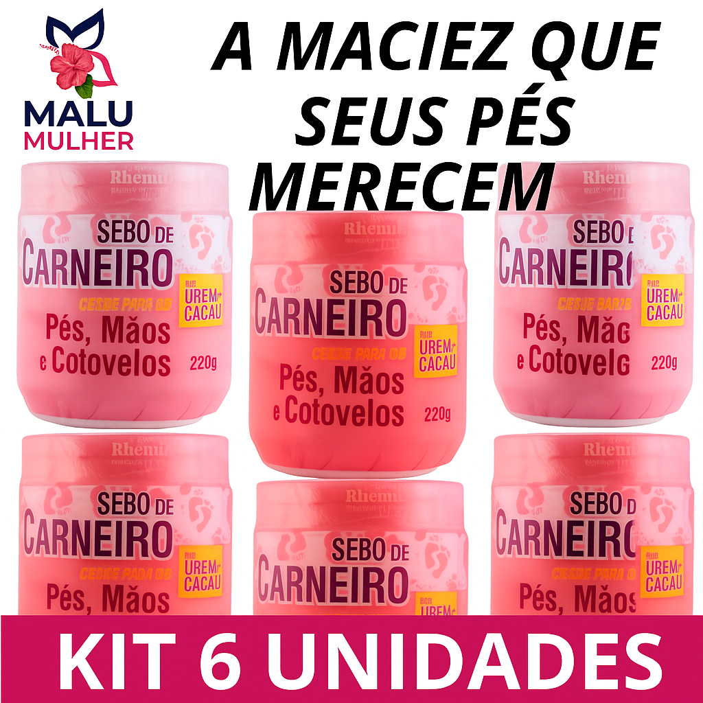 Creme Sebo de Carneiro Kit 6 x 200g com Ureia – Hidratante para Pés, Mãos e Cotovelos Ressecados
