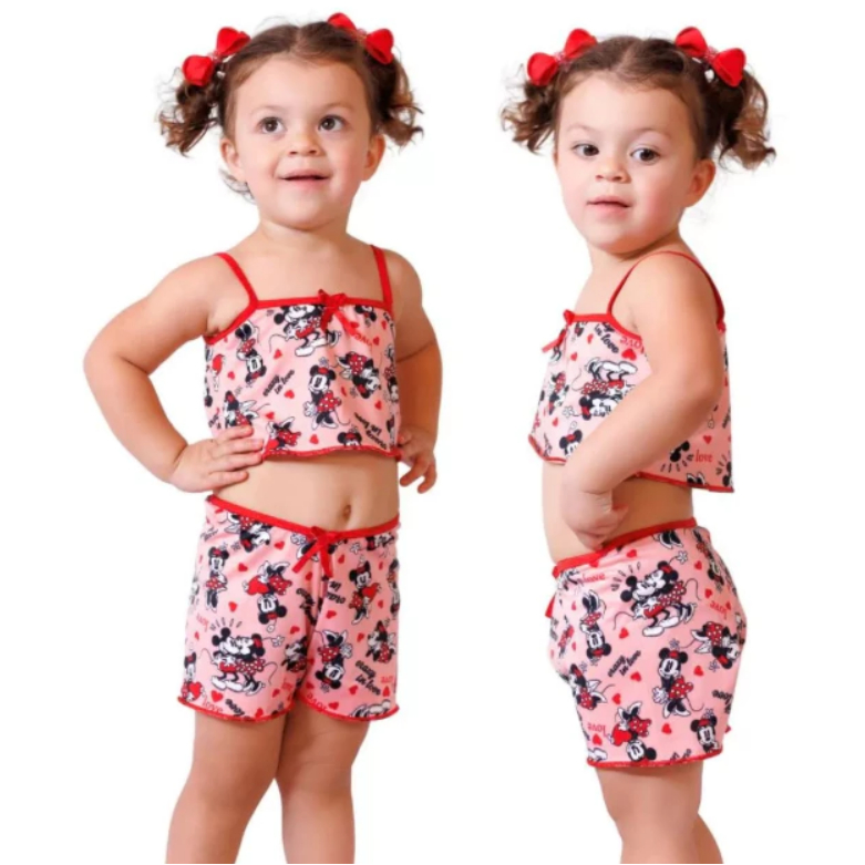 Kit 2 Conjunto Baby Doll Infantil Estampado Pijama Menina Roupa de Dormir Personagem Short Alcinha Confortável