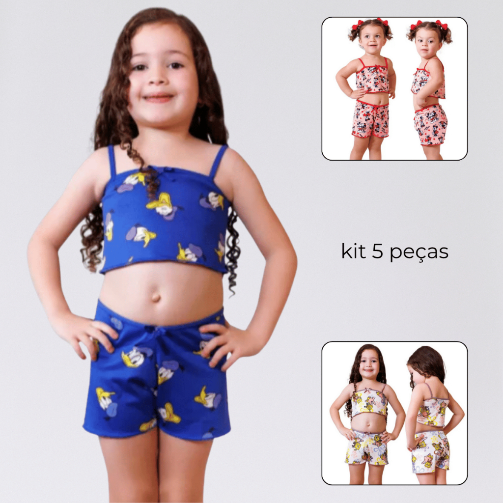 Kit 5 Conjunto Infantil Baby Doll Estampado Pijama Menina Dormir Personagens Shortinho Alcinha Confortável