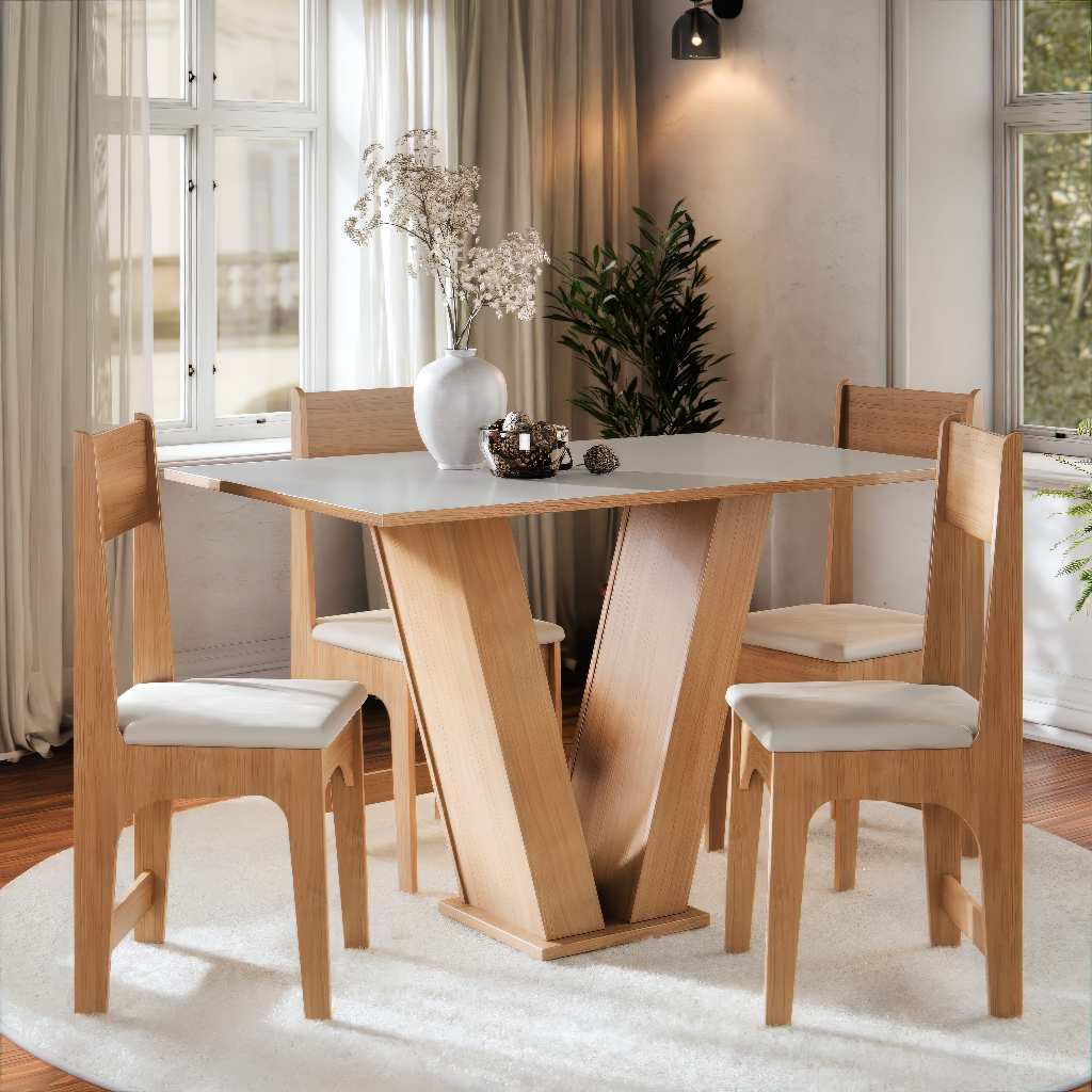 Conjunto Sala de Jantar Completo  Vivi Mesa Tampo Madeira 4 Cadeiras - Mel Off