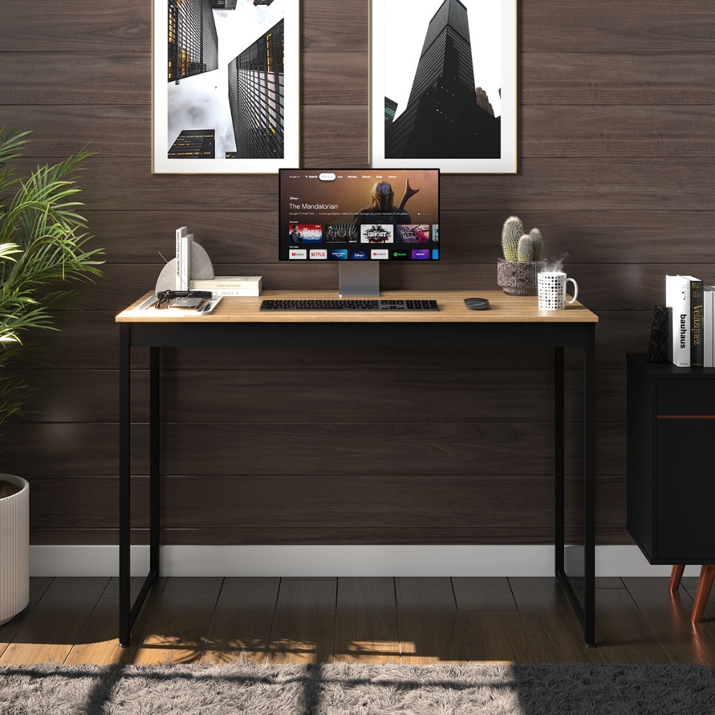 Escrivaninha Mesa de Escritório Home Office 105cm Industrial Pés Preto Tampo de Madeira ShoopMaga