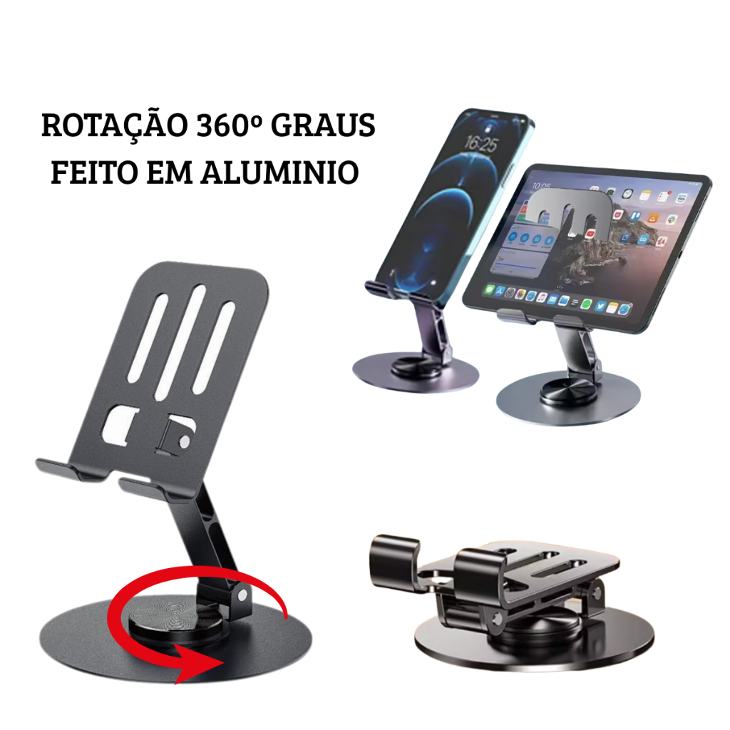 Suporte de Celular Mesa Base Rotatória Ajustável 360º de Alumínio dobrável Celular e Tablets Compacto