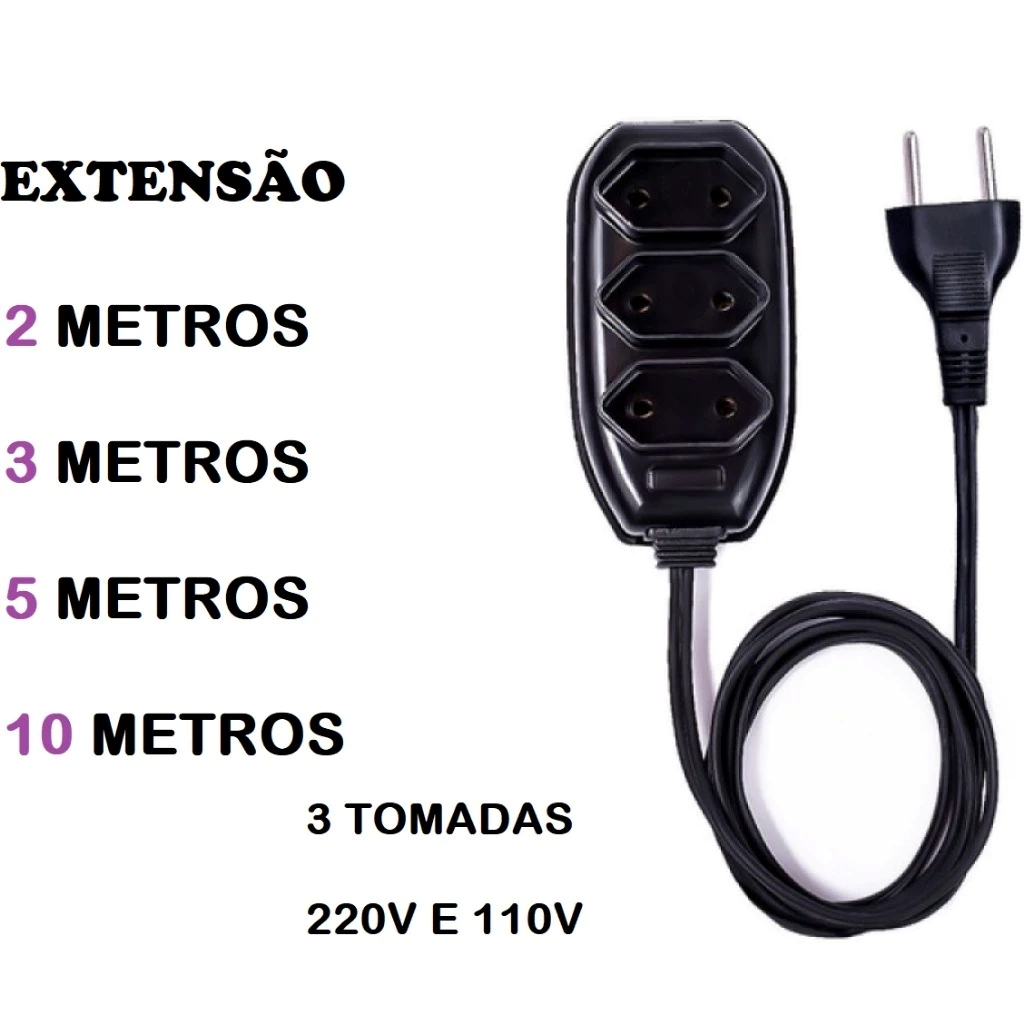 Extensão Elétrica 3 Saídas 2P Cabo 2X0, 50mm - Bivolt - Preta - 10 e 5 Metros