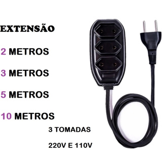 Extensão Elétrica 3 Saídas 2P Cabo 2X0, 50mm - Bivolt - Preta - 10 e 5 Metros em Oferta na Shopee