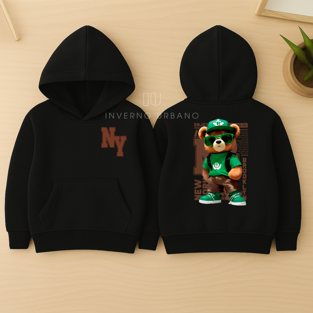 Blusa de Frio Infantil Juvenil "Urso Marrom NY" Moletom Flanelado com Capuz e Bolso Canguru