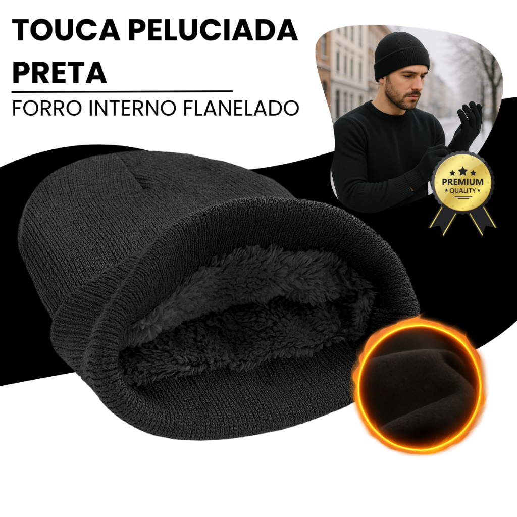 Gorro Flanelado Touca Lã Peluciada Preta Inverno Frio Intenso Look Casual Premium Masculino Feminino