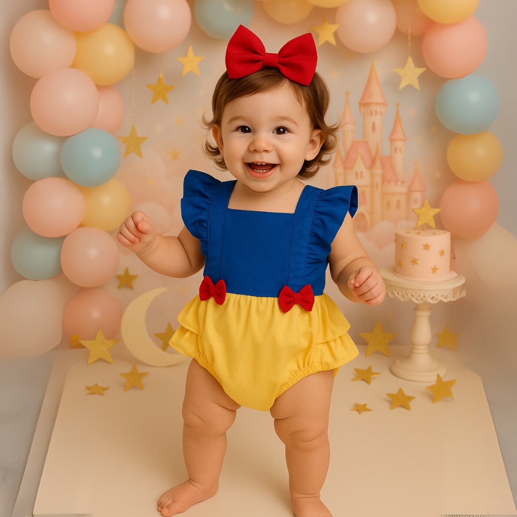 Romper Bebê Macaquinho Branca de Neve Brinde Laço Fotográfia Bunda Rica