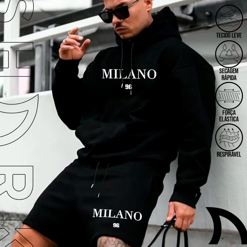 Conjunto Masculino Blusa E Bermuda Moletom Milano Italy 96 Estiloso Minimalista