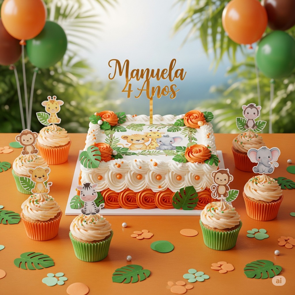 Kit Mesversário topper e papel arroz safari com mini topper de docinhos safari