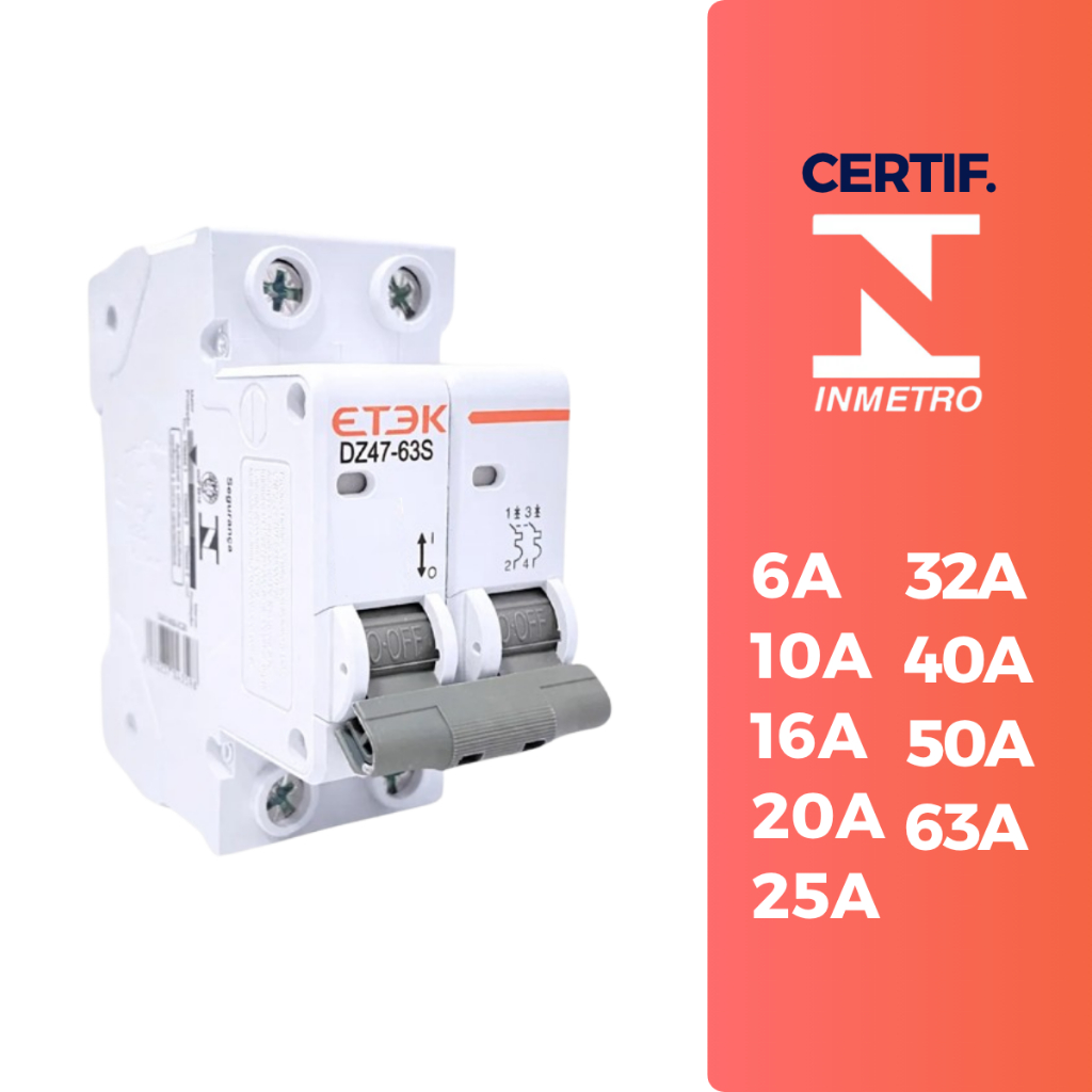Disjuntor 2 Polos MCB Curva C 6A 10A 16A 20A 25A 32A 40A 50A 63A 2p Termomagnético Bipolar Etek
