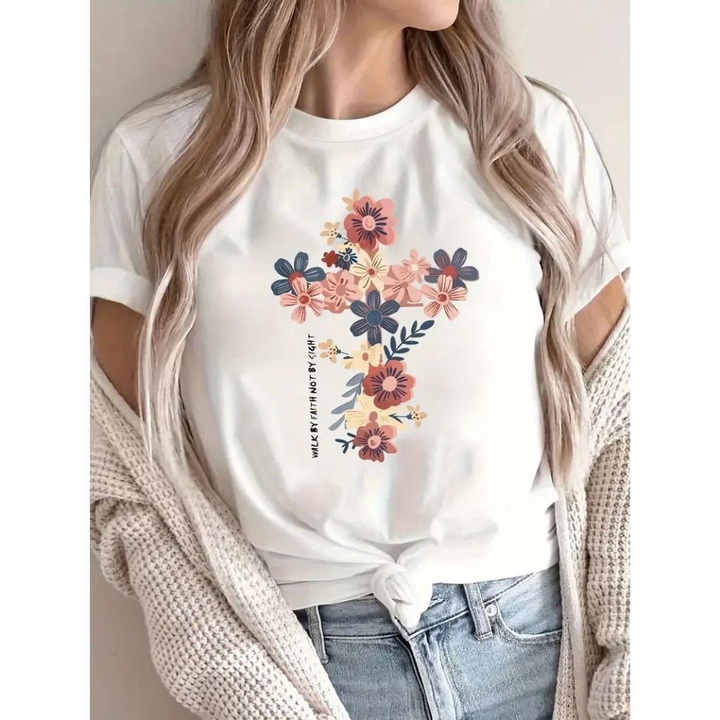 T-Shirt Feminina Camiseta Básica Religiosa Cristá Estampa Cruz Floral Blusa 100% Algodão