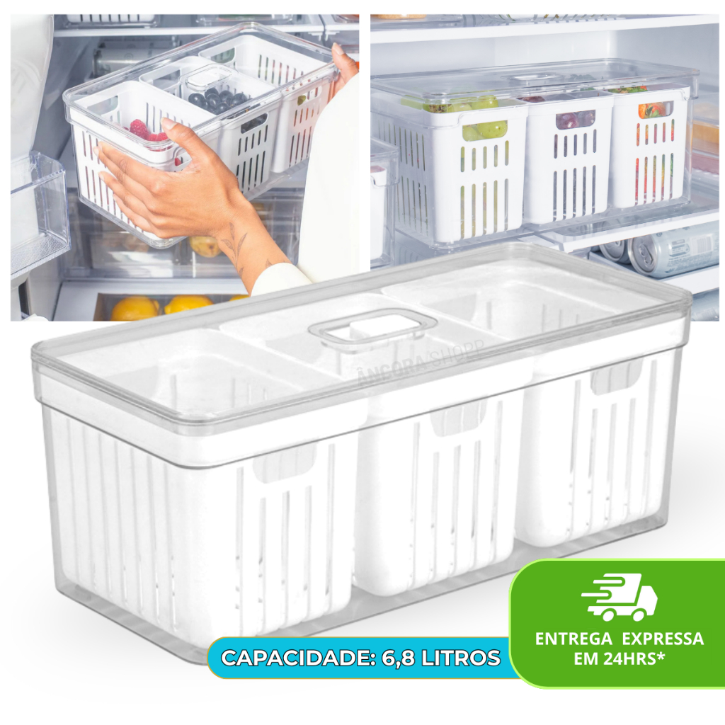 Organizador de Geladeira Cesto Triplo 6,8 Litros com Tampa 3 Cestos Para Legumes Frutas e Vegetais em Oferta na Shopee