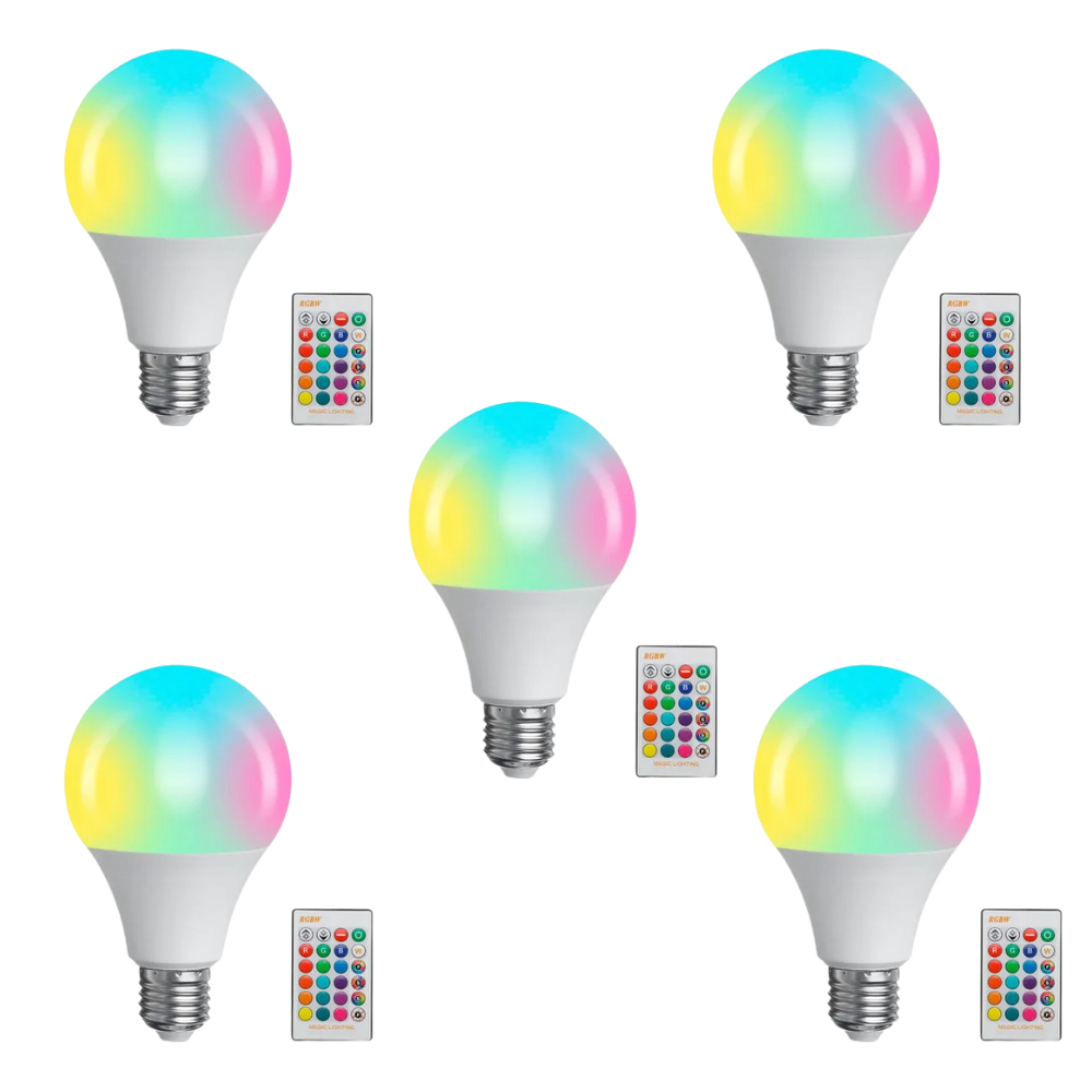 Kit 5 Lâmpadas Bulbo LED RGBW 5w 7w 10w Bivolt E27 Iluminação Colorida Cromoterapia 16 cores