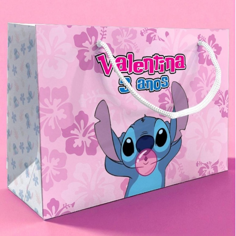 Sacolinha Stitch Personalizada Festa Rosa Lembrancinha Kit Festa Sacola Deitada Reta Lilo & Stitch