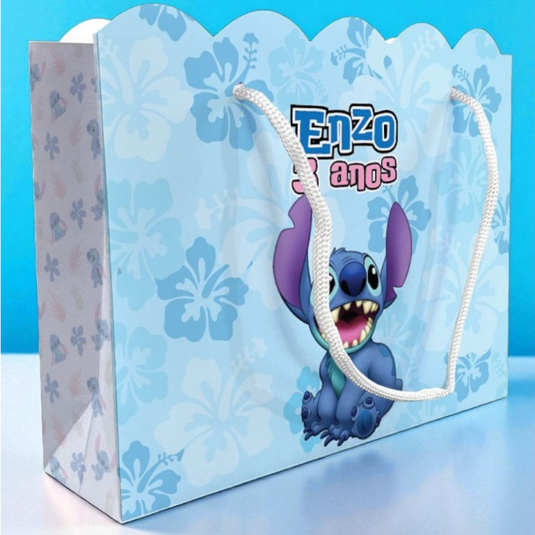 Sacolinha Stitch Ondulada Personalizada Festa Lilo & Stitch Azul Lembrancinha Kit Festa Sacola