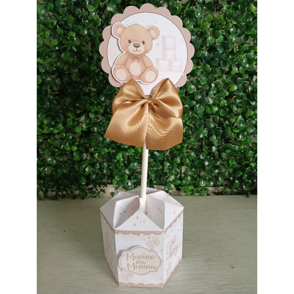Kit 10 Centro de mesa Chá Revelação Ursinho bebê Bege | Personalizado | Enfeite Cachepô | Decoração