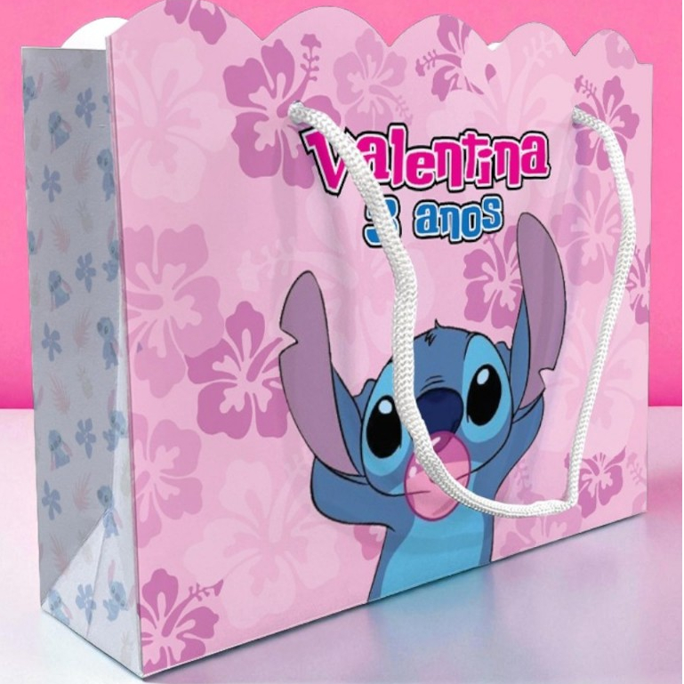 Sacolinha Stitch Ondulada Personalizada Festa Lilo & Stitch Rosa Lembrancinha Kit Festa Sacola