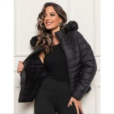 Jaqueta Feminina Bobojaco Puffer Forrada Apeluciada Fashion Moda Com Capuz Removivel