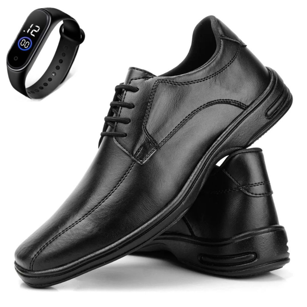 Kit Sapato Social Masculino com Solado Emborrachado Leve e Confortável + Relógio de Brinde