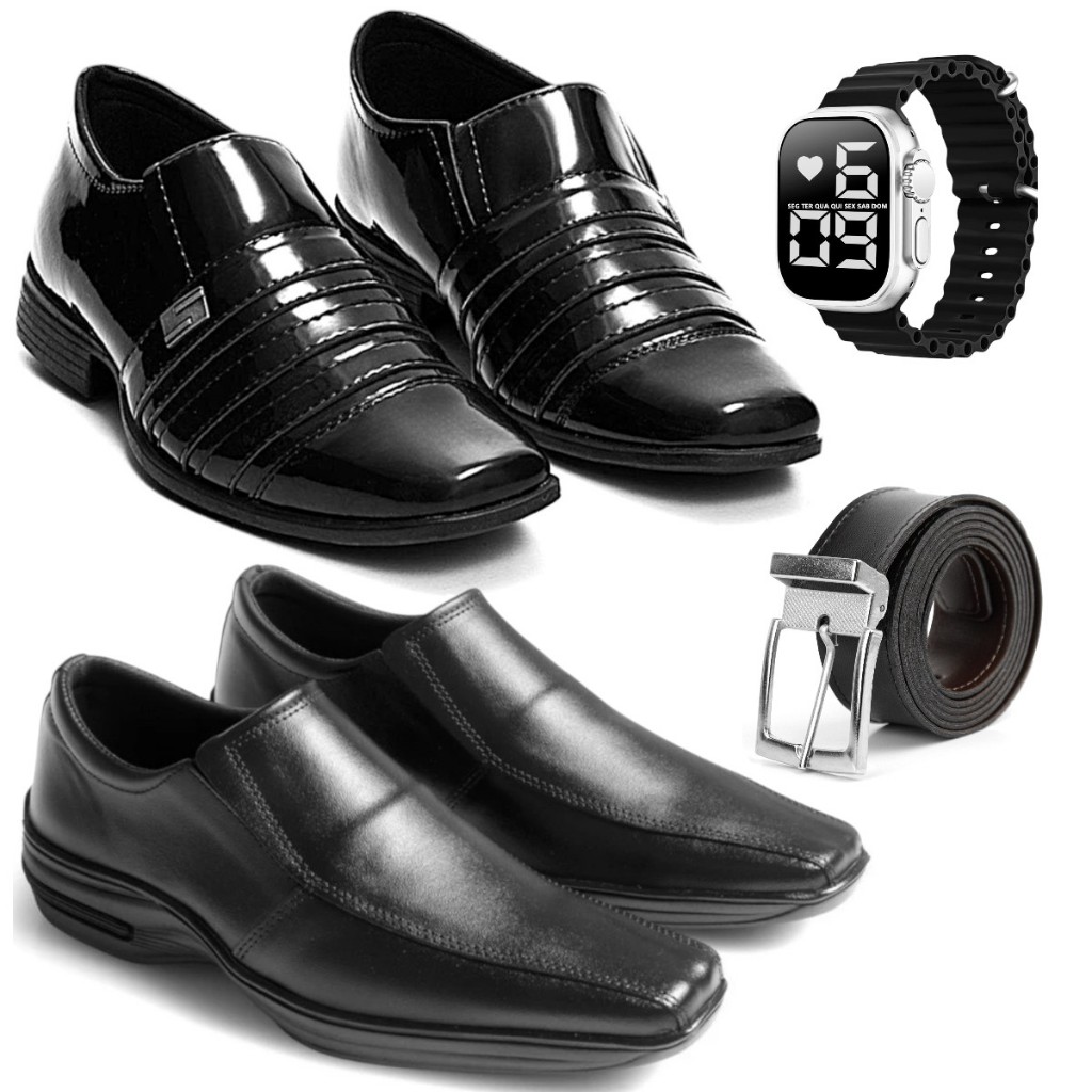 Kit 2 Pares + Brides Sapato Social verniz Masculino Fivela Oferta Elegante
