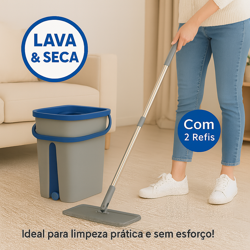 Mop Giratório Flat Balde Lava Seca Limpeza Rápida Microfibra Multiuso Antibacte Casa Moderna 2 Refis