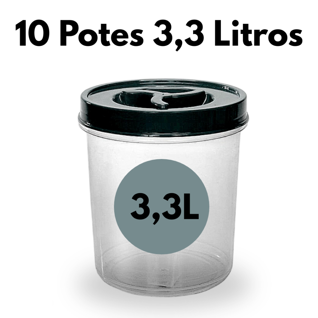 Jogo 10 Pote Mantimento 3,3 Litros Tampa Rosca Pote Redondo Transparente BPA FREE Açúcar Cereal