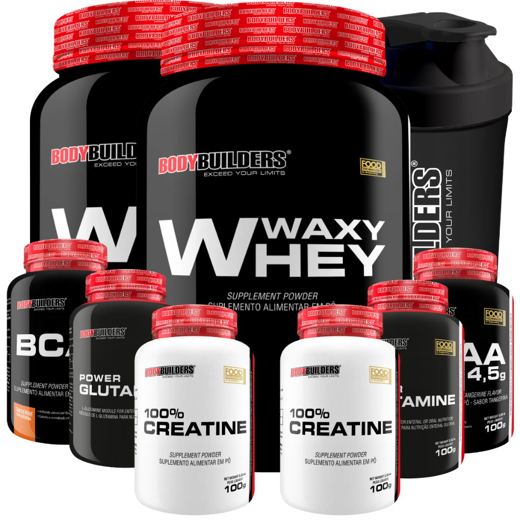 Kit 2x Waxy Whey 900g + 2x 100% Creatina 100g + 2x BCAA 4.5 100g + 2x Glutamina 100g + Coqueteleira em Oferta na Shopee