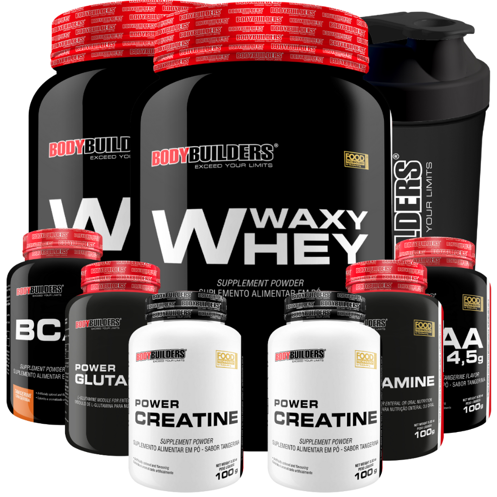 Kit 2x Waxy Whey 900g + 2x BCAA + 2x Creatina 100g + 2x Glutamina 100g + Coqueteleira - Bo...