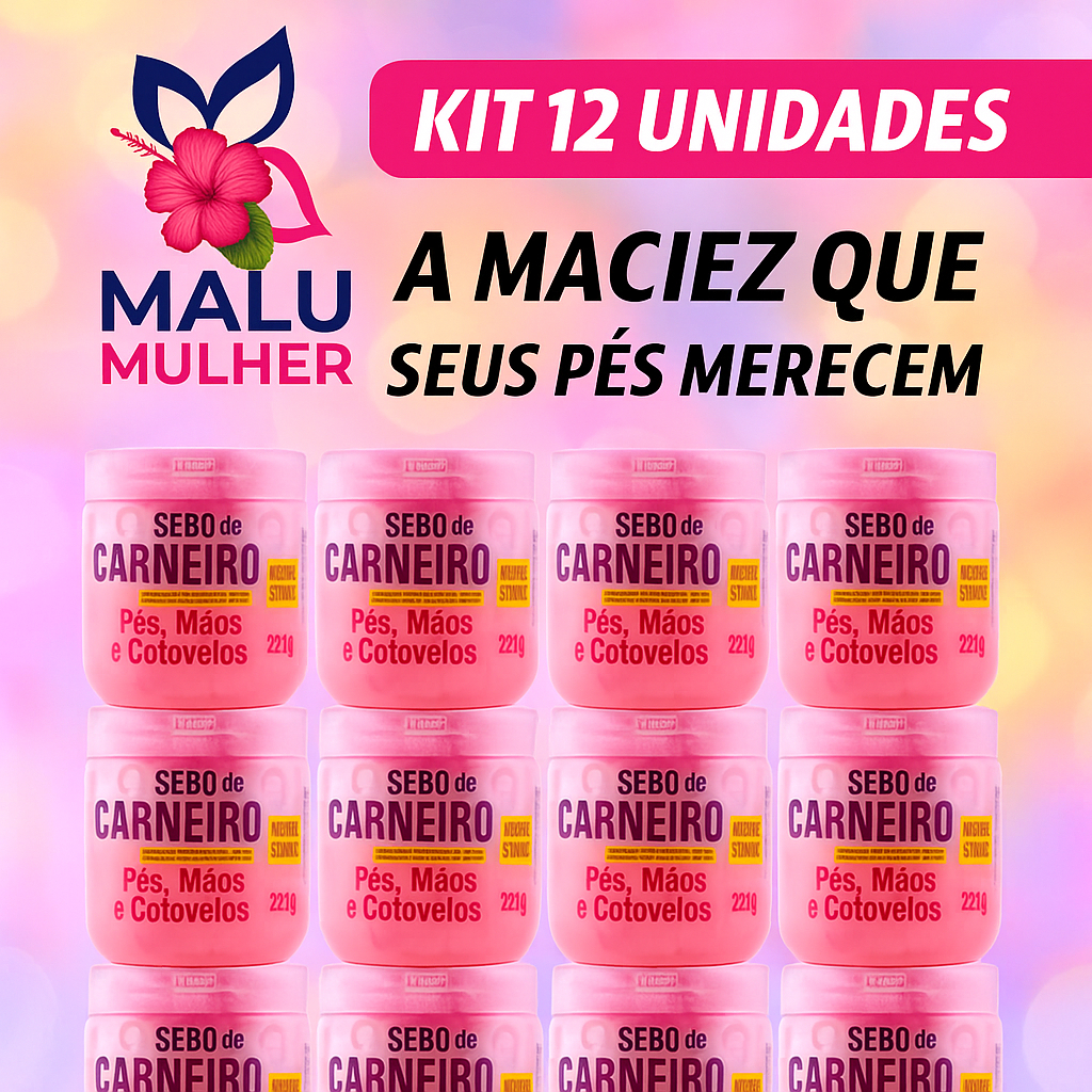 Creme Sebo de Carneiro Kit 12 x 200g com Ureia – Hidratante para Pés, Mãos e Cotovelos Ressecados