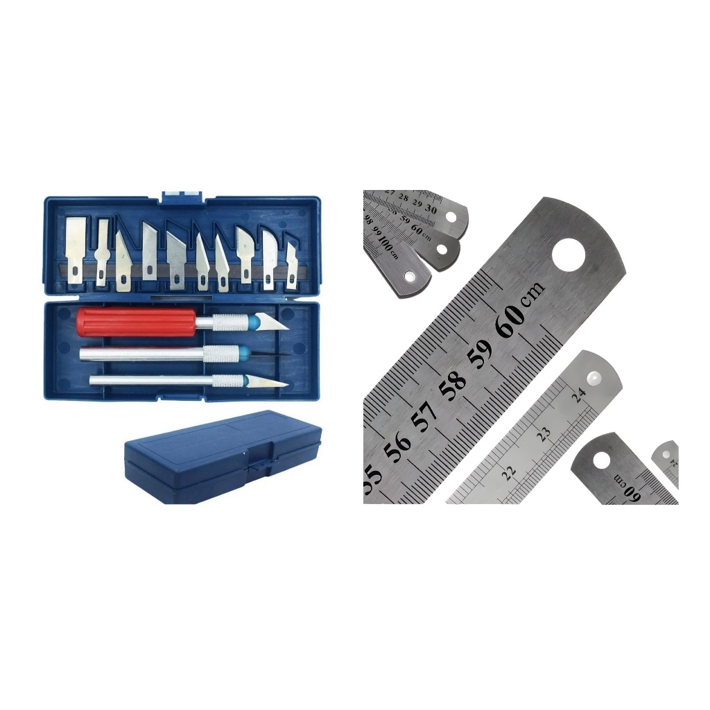 Régua de Aço Inox 1m 60cm 30cm + Kit Estilete de Precisão Lanmax Patchwork Artesanato Costura