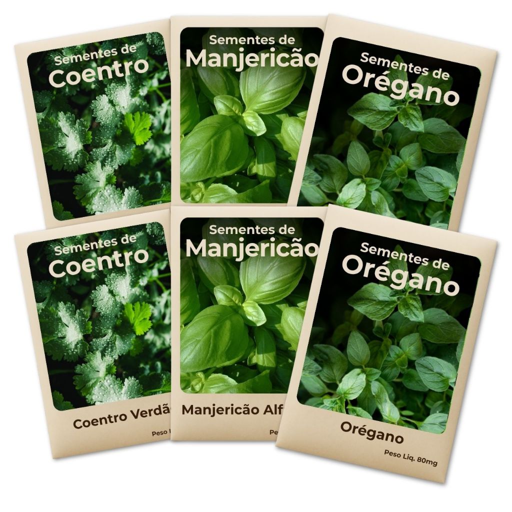 Semente Coentro Manjericão e Orégano Plante o Ano Todo Cultivo Fácil e Produtivo -Combo 6 Pct