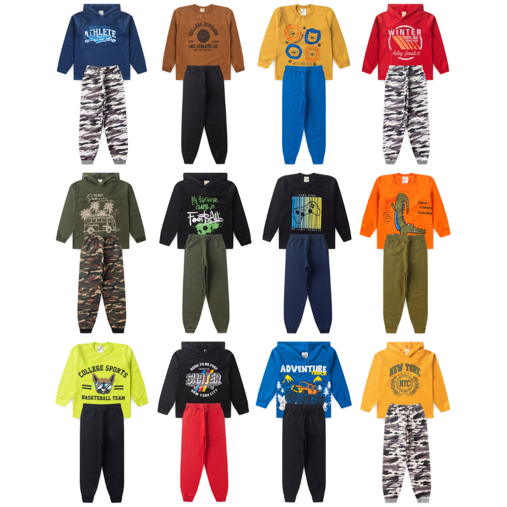 Kit Sortido 6 Peças de Roupas Masculino Infantil Inverno – 3 blusas casacos + 3 calças de 1 ao 14 Menino bebe e juvenil
