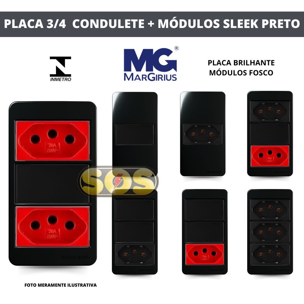 TAMPA CONDULETE 3/4 SLEEK EBONY PRETO FOSCO MARGIRIUS C/ INTERRUPTOR SIMPLES PARALELO TOMADA 10A 20A
