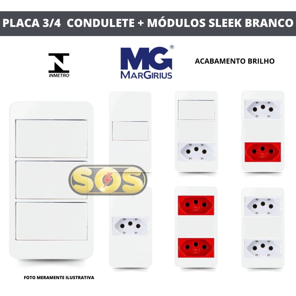 TAMPA CONDULETE  3/4 SLEEK BRANCO MARGIRIUS COM INTERRUPTOR SIMPLES PARALELO, TOMADA 10A, 20A